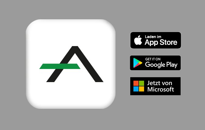 norelem ACADEMY Logo schwarz grün in weißem Quatrad mit Download Icons von App Store, Google Play und Microsoft rechts auf grauem Hintergrund