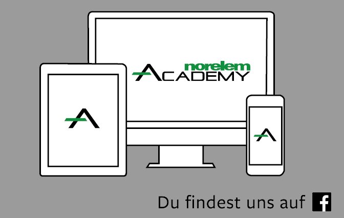 Grafische schwarz weiß Zeichnung von einem PC Bildschirm. Tablet und Smartphone mit norelem ACADEMY Logo auf grauem Hintergrund