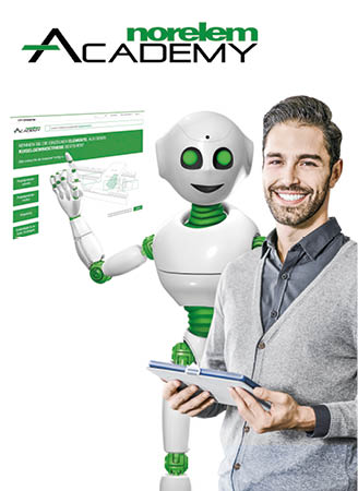 Nori der Roboter zeigt auf einen Bildschirm hinter sich und neben ihm steht ein Mann mit Tablet in der Hand. Über den beiden isr der Schriftzug "norelem Academy" zu sehen