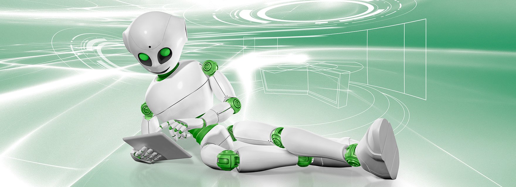 Nori der Roboter liegt mit einem Tablet auf dem Boden vor einem grün-weißen Hintergrund