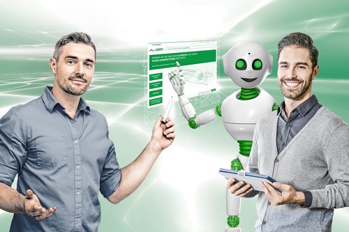 Ein Mann und der norelem Roboter zeigen auf einen Bildschirm. Davor steht ein Mann mit Tablet in der Hand
