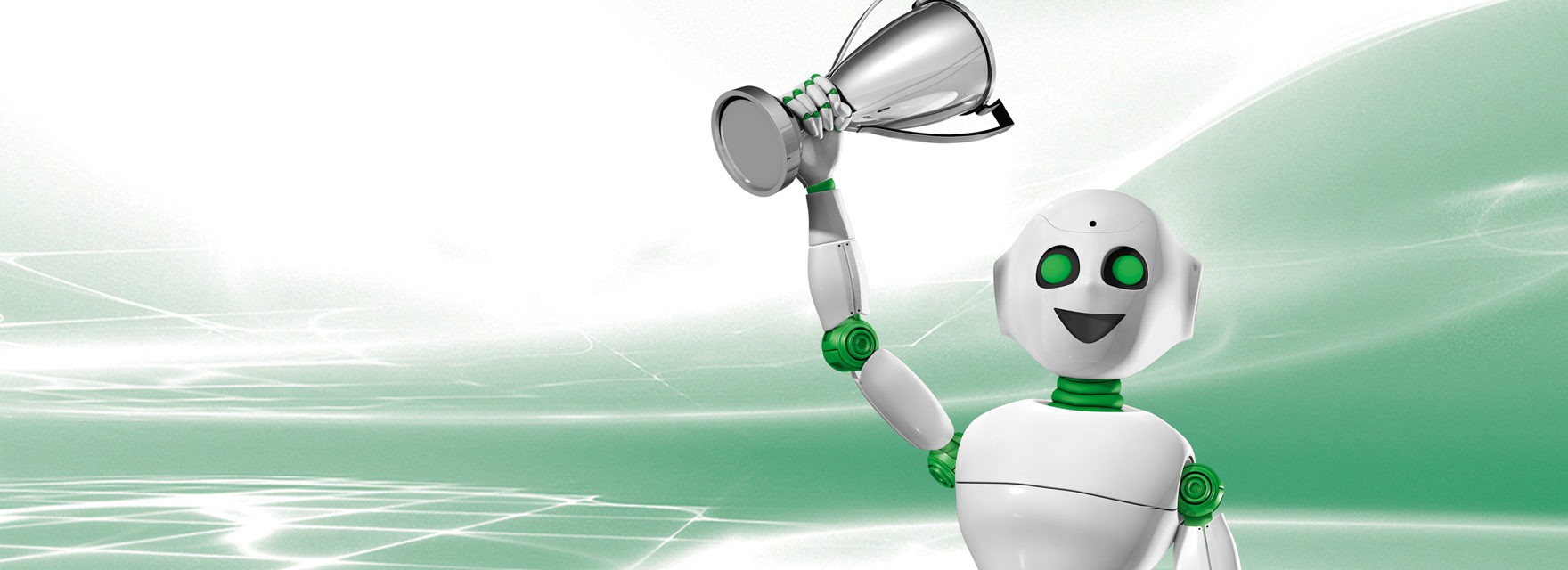 Nori der Roboter hebt mit einer Hand einen Pokal in die Luft