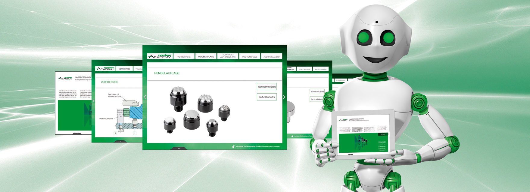 norelem Roboter häkt ein Tablet vor seinem Oberkörper und neben ihm sind Webseitenausschnitte zu sehen
