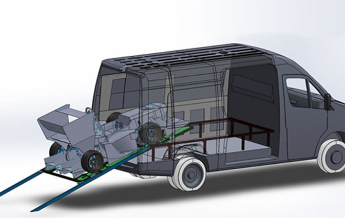 Grafik: Rennwagen wird in einen Transporter verladen