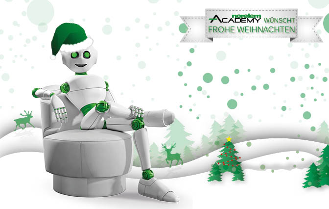 Nori der Roboter sitzt mit einer grünen Weihnachtsmütze auf einem weißen Stuhl in einer Schneelandschaft