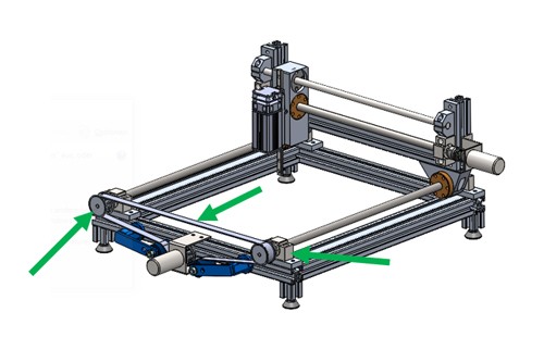 technische Zeichnung Lasergravurmaschine mit grünen Pfeilen auf bestimmte Stellen